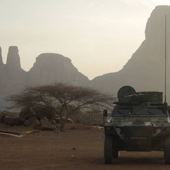 A French armoured vehicle drives by Mount Hombori during operations in Mali’s Gourma region in 2019. Photograph: Daphne Benoit/AFP/Getty Images